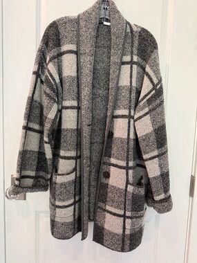 Cozy Plaid Bouclé Open-Front Cardigan- Gray/Cream